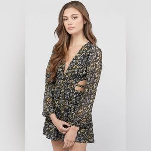 Forever 21 3/4 sleeve floral romper black yellow medium